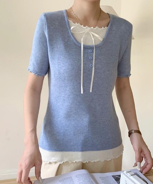 semplice(センプリチェ)の「フリル レイヤード リボン ニットトップス(Tシャツ/カットソー・レディース・パープル/ベージュ/ホワイト/ブルー/ブラック・F)」の18枚目の写真