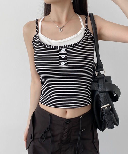 MAISON DE THERESE(メゾン ド テレーズ)の「カップ付ダブルストラップ 配色キャミソール レイヤード インナー 夏服(キャミソール・レディース・ブラウン/ホワイト/ブラック系1/グレー/ブラック/ホワイト系1・FREE)」の5枚目の写真