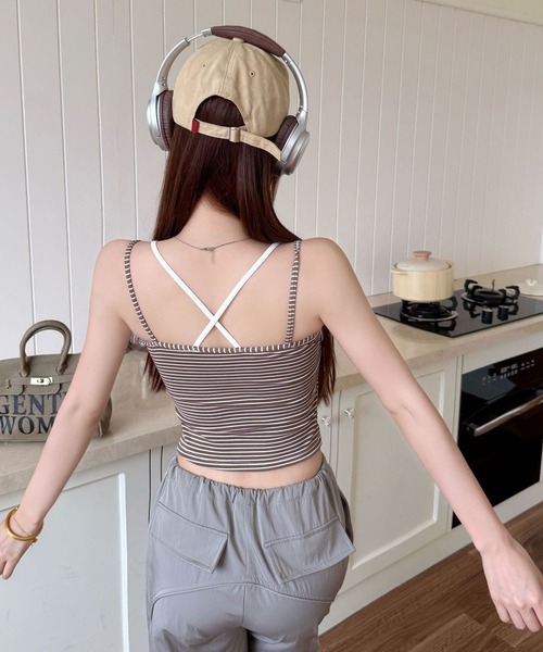MAISON DE THERESE(メゾン ド テレーズ)の「カップ付ダブルストラップ 配色キャミソール レイヤード インナー 夏服(キャミソール・レディース・ブラウン/ホワイト/ブラック系1/グレー/ブラック/ホワイト系1・FREE)」の20枚目の写真