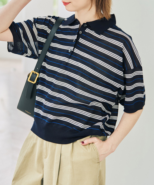 Spick & Span(スピックアンドスパン)の「シアーマルチボーダーポロシャツニット(ニット/セーター・レディース・アイボリー/ネイビー・FREE)」の2枚目の写真