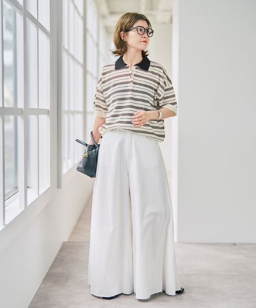 Spick & Span(スピックアンドスパン)の「シアーマルチボーダーポロシャツニット(ニット/セーター・レディース・アイボリー/ネイビー・FREE)」の3枚目の写真