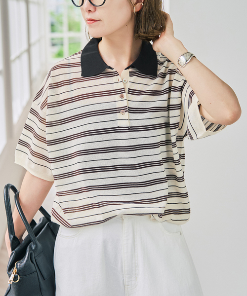 Spick & Span(スピックアンドスパン)の「シアーマルチボーダーポロシャツニット(ニット/セーター・レディース・アイボリー/ネイビー・FREE)」の6枚目の写真