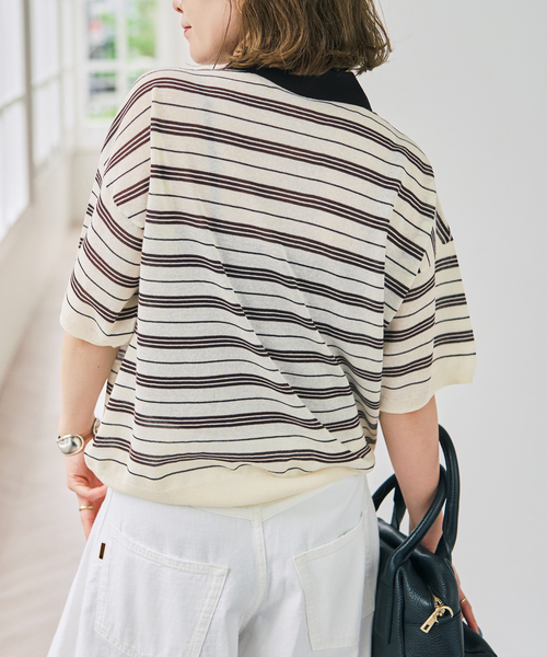 Spick & Span(スピックアンドスパン)の「シアーマルチボーダーポロシャツニット(ニット/セーター・レディース・アイボリー/ネイビー・FREE)」の7枚目の写真