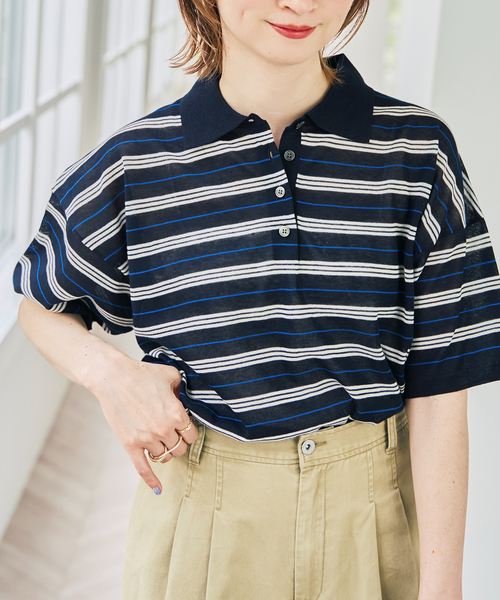 Spick & Span(スピックアンドスパン)の「シアーマルチボーダーポロシャツニット(ニット/セーター・レディース・アイボリー/ネイビー・FREE)」の10枚目の写真