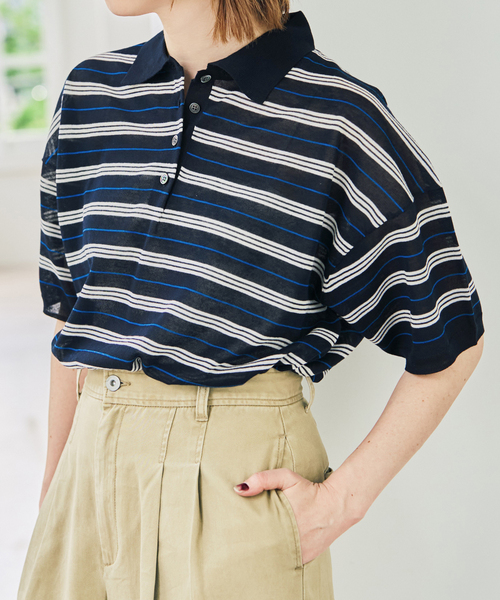 Spick & Span(スピックアンドスパン)の「シアーマルチボーダーポロシャツニット(ニット/セーター・レディース・アイボリー/ネイビー・FREE)」の12枚目の写真