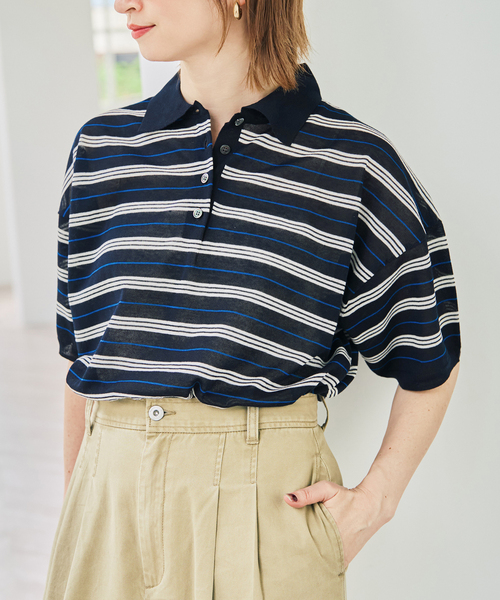Spick & Span(スピックアンドスパン)の「シアーマルチボーダーポロシャツニット(ニット/セーター・レディース・アイボリー/ネイビー・FREE)」の13枚目の写真
