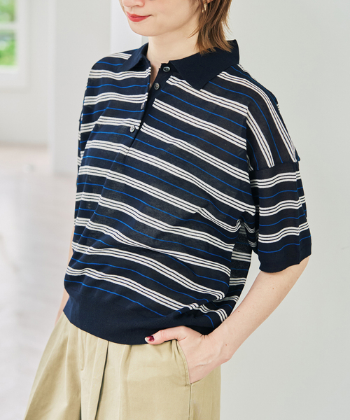 Spick & Span(スピックアンドスパン)の「シアーマルチボーダーポロシャツニット(ニット/セーター・レディース・アイボリー/ネイビー・FREE)」の14枚目の写真