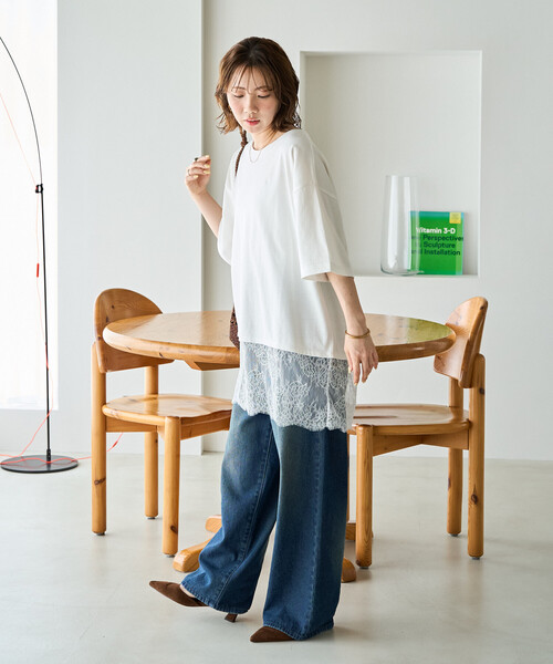 FREAK'S STORE（フリークスストア）の「限定展開　レース ドッキング ビッグシルエット 半袖 Tシャツ（Tシャツ/カットソー・レディース・オフホワイト/グレー/ブラック・ﾌﾘ-）」の5枚目の写真