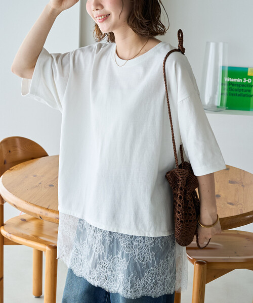 FREAK'S STORE（フリークスストア）の「限定展開　レース ドッキング ビッグシルエット 半袖 Tシャツ（Tシャツ/カットソー・レディース・オフホワイト/グレー/ブラック・ﾌﾘ-）」の7枚目の写真