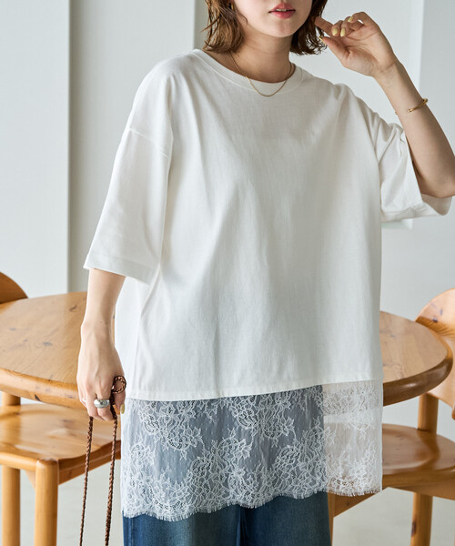 FREAK'S STORE（フリークスストア）の「限定展開　レース ドッキング ビッグシルエット 半袖 Tシャツ（Tシャツ/カットソー・レディース・オフホワイト/グレー/ブラック・ﾌﾘ-）」の10枚目の写真
