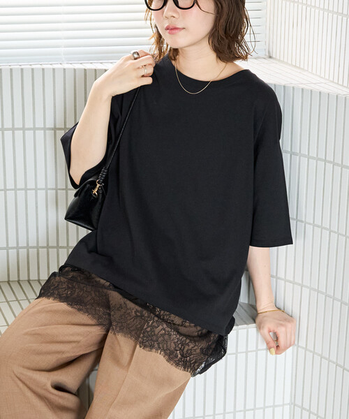 FREAK'S STORE（フリークスストア）の「限定展開　レース ドッキング ビッグシルエット 半袖 Tシャツ（Tシャツ/カットソー・レディース・オフホワイト/グレー/ブラック・ﾌﾘ-）」の22枚目の写真