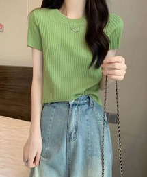 リブニットトップスサマーニット半袖春夏服