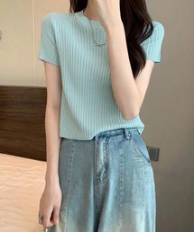 リブニットトップスサマーニット半袖春夏服