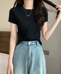 リブニットトップスサマーニット半袖春夏服