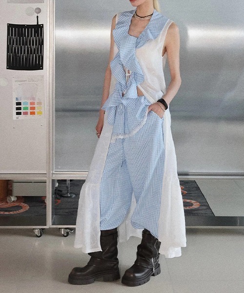 chuclla(チュクラ)の「【CHENTAITAI】 レースレイヤードチェックワイドパンツ CTW26s018(その他パンツ・レディース・ベージュ/ライトブルー・M/L/S)」の6枚目の写真