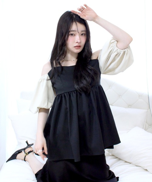Reurie'(レウリィ)の「ペプラムオフショルダートップス オフショル 夏 ピンク ブラック 大人カジュアル シンプル ノームコア(キャミソール・レディース・ブラック/ピンク/アイボリー・FREE)」の5枚目の写真