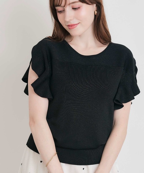 PICCIN PERLA（ピッチンペルラ）の「フリルスリーブニット（ニット/セーター・レディース・ブラック/サックスブルー/オフホワイト/シルバー・M）」の2枚目の写真