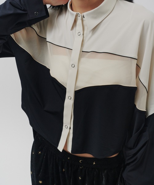 THINGS THAT MATTER(シングス ザット マター)の「MESH BLOCKING STRETCH SHIRT / メッシュ ブロッキング ストレッチ シャツ(シャツ/ブラウス・レディース・ブラウン/ホワイト×ブラック・FREE)」の6枚目の写真