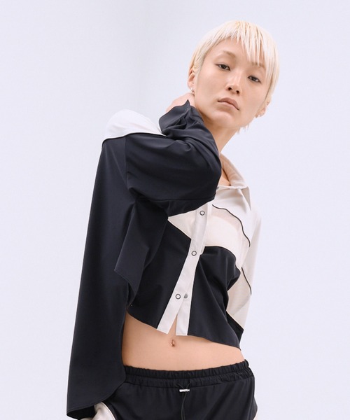 THINGS THAT MATTER(シングス ザット マター)の「MESH BLOCKING STRETCH SHIRT / メッシュ ブロッキング ストレッチ シャツ(シャツ/ブラウス・レディース・ブラウン/ホワイト×ブラック・FREE)」の12枚目の写真