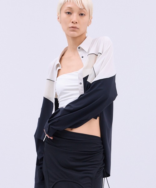 THINGS THAT MATTER(シングス ザット マター)の「MESH BLOCKING STRETCH SHIRT / メッシュ ブロッキング ストレッチ シャツ(シャツ/ブラウス・レディース・ブラウン/ホワイト×ブラック・FREE)」の11枚目の写真