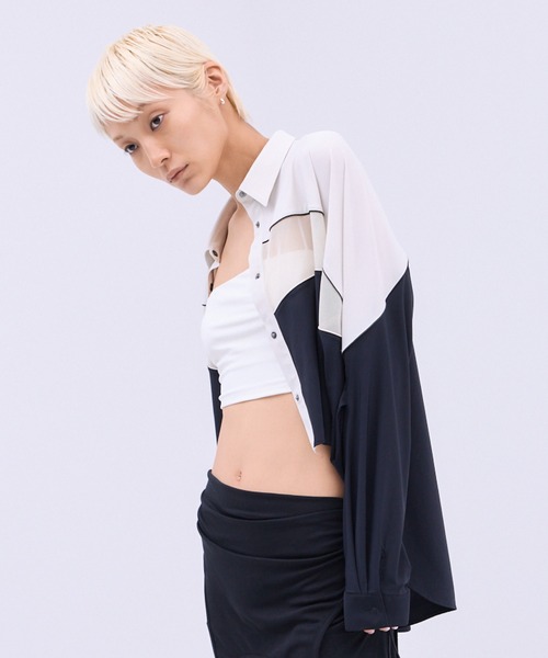 THINGS THAT MATTER(シングス ザット マター)の「MESH BLOCKING STRETCH SHIRT / メッシュ ブロッキング ストレッチ シャツ(シャツ/ブラウス・レディース・ブラウン/ホワイト×ブラック・FREE)」の10枚目の写真
