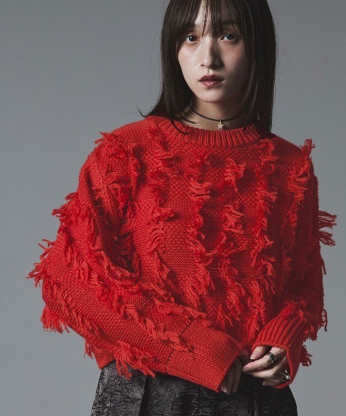 W:Huku(フーク)の「フリンジ ジャガード ショート ニット / Fringe Jacquard Short Knit(ニット/セーター・レディース・グレー/レッド/ホワイト系その他/ブラック・FREE)」の4枚目の写真