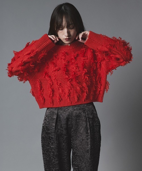 W:Huku(フーク)の「フリンジ ジャガード ショート ニット / Fringe Jacquard Short Knit(ニット/セーター・レディース・グレー/レッド/ホワイト系その他/ブラック・FREE)」の5枚目の写真