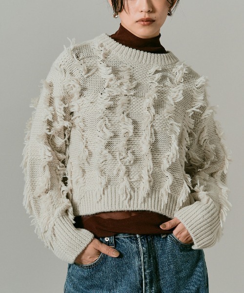 W:Huku(フーク)の「フリンジ ジャガード ショート ニット / Fringe Jacquard Short Knit(ニット/セーター・レディース・グレー/レッド/ホワイト系その他/ブラック・FREE)」の6枚目の写真