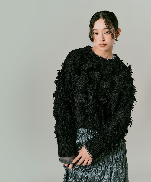 W:Huku(フーク)の「フリンジ ジャガード ショート ニット / Fringe Jacquard Short Knit(ニット/セーター・レディース・グレー/レッド/ホワイト系その他/ブラック・FREE)」の8枚目の写真