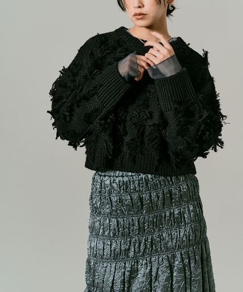 W:Huku(フーク)の「フリンジ ジャガード ショート ニット / Fringe Jacquard Short Knit(ニット/セーター・レディース・グレー/レッド/ホワイト系その他/ブラック・FREE)」の12枚目の写真