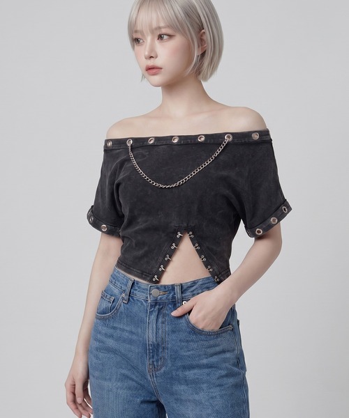 DURAS（デュラス）の「メタルチェーンアイレットTシャツ（Tシャツ/カットソー・レディース・グレー/ホワイト/ブラック・FREE）」の8枚目の写真