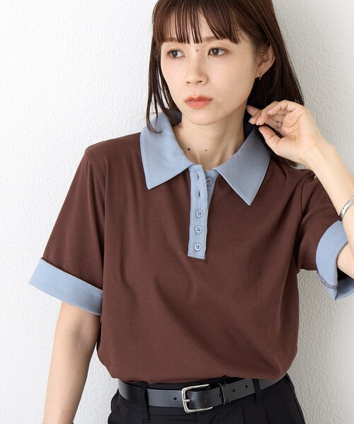 DISCOAT(ディスコート)の「【WEB限定】配色ポロプルオーバー(Tシャツ/カットソー・レディース・ブラウン/チャコールグレー・MEDIUM)」の1枚目の写真