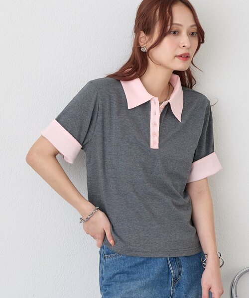 DISCOAT(ディスコート)の「【WEB限定】配色ポロプルオーバー(Tシャツ/カットソー・レディース・ブラウン/チャコールグレー・MEDIUM)」の2枚目の写真