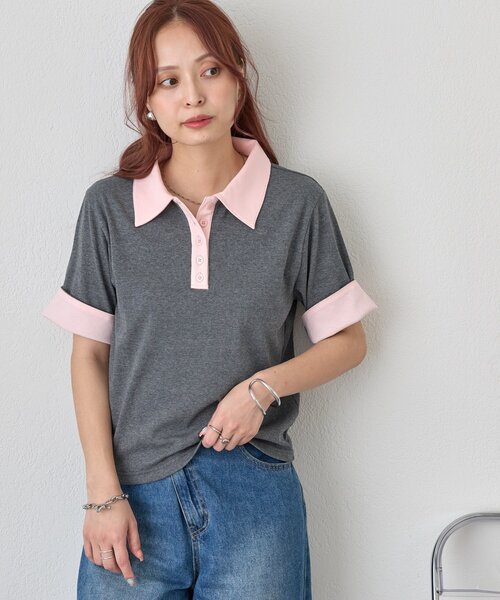 DISCOAT(ディスコート)の「【WEB限定】配色ポロプルオーバー(Tシャツ/カットソー・レディース・ブラウン/チャコールグレー・MEDIUM)」の3枚目の写真