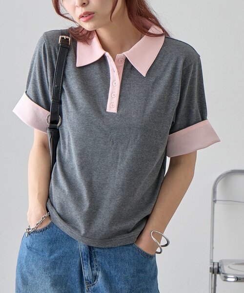 DISCOAT(ディスコート)の「【WEB限定】配色ポロプルオーバー(Tシャツ/カットソー・レディース・ブラウン/チャコールグレー・MEDIUM)」の4枚目の写真