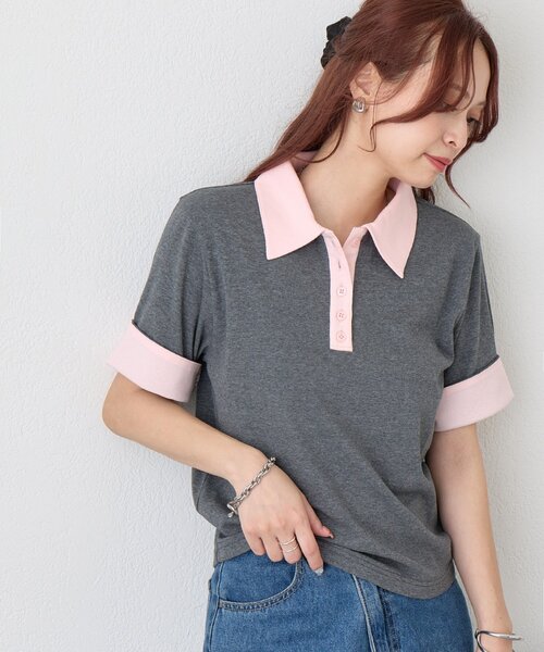 DISCOAT(ディスコート)の「【WEB限定】配色ポロプルオーバー(Tシャツ/カットソー・レディース・ブラウン/チャコールグレー・MEDIUM)」の5枚目の写真