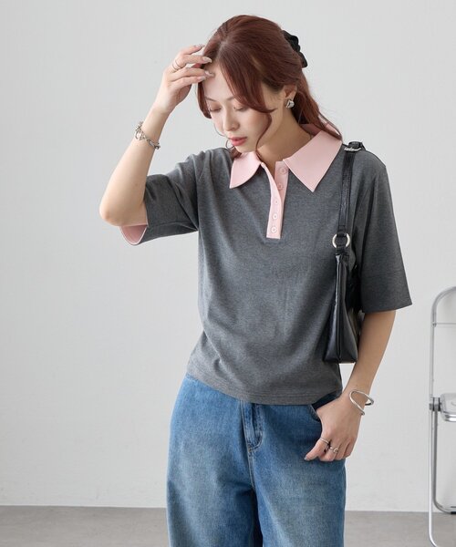 DISCOAT(ディスコート)の「【WEB限定】配色ポロプルオーバー(Tシャツ/カットソー・レディース・ブラウン/チャコールグレー・MEDIUM)」の6枚目の写真