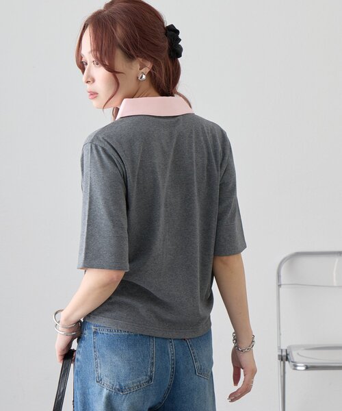 DISCOAT(ディスコート)の「【WEB限定】配色ポロプルオーバー(Tシャツ/カットソー・レディース・ブラウン/チャコールグレー・MEDIUM)」の8枚目の写真