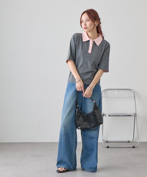 DISCOAT(ディスコート)の「【WEB限定】配色ポロプルオーバー(Tシャツ/カットソー・レディース・ブラウン/チャコールグレー・MEDIUM)」の9枚目の写真
