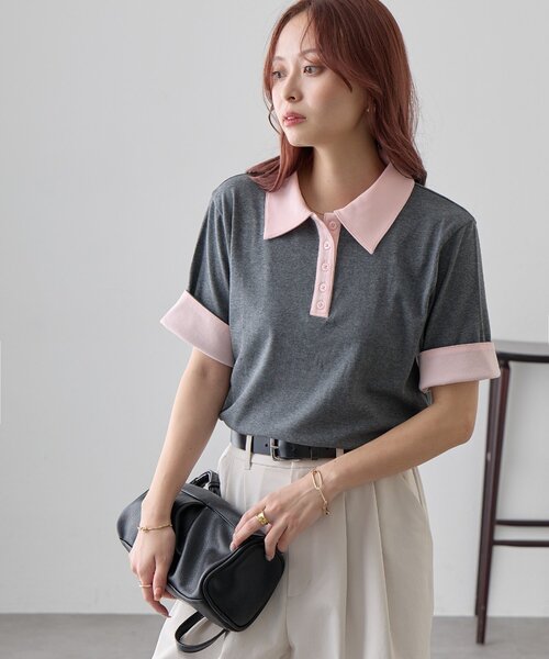 DISCOAT(ディスコート)の「【WEB限定】配色ポロプルオーバー(Tシャツ/カットソー・レディース・ブラウン/チャコールグレー・MEDIUM)」の11枚目の写真