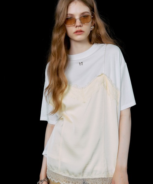 JOSE MOON（ジョゼムーン）の「LACE CAMI TRIM TSHIRT/レースキャミトリムTシャツ（Tシャツ/カットソー・レディース・ブラック/ホワイト/グレー/イエロー系その他・FREE）」の12枚目の写真