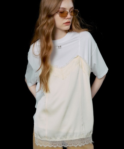 JOSE MOON（ジョゼムーン）の「LACE CAMI TRIM TSHIRT/レースキャミトリムTシャツ（Tシャツ/カットソー・レディース・ブラック/ホワイト/グレー/イエロー系その他・FREE）」の13枚目の写真