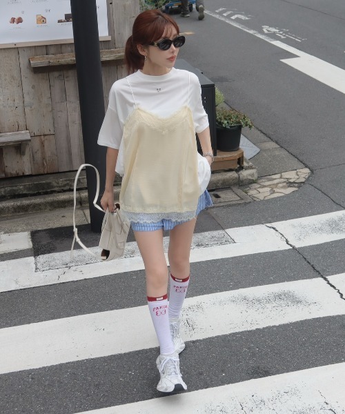 JOSE MOON（ジョゼムーン）の「LACE CAMI TRIM TSHIRT/レースキャミトリムTシャツ（Tシャツ/カットソー・レディース・ブラック/ホワイト/グレー/イエロー系その他・FREE）」の9枚目の写真