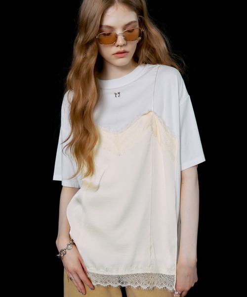 JOSE MOON（ジョゼムーン）の「LACE CAMI TRIM TSHIRT/レースキャミトリムTシャツ（Tシャツ/カットソー・レディース・ブラック/ホワイト/グレー/イエロー系その他・FREE）」の11枚目の写真
