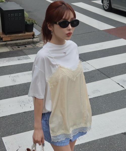 JOSE MOON（ジョゼムーン）の「LACE CAMI TRIM TSHIRT/レースキャミトリムTシャツ（Tシャツ/カットソー・レディース・ブラック/ホワイト/グレー/イエロー系その他・FREE）」の5枚目の写真