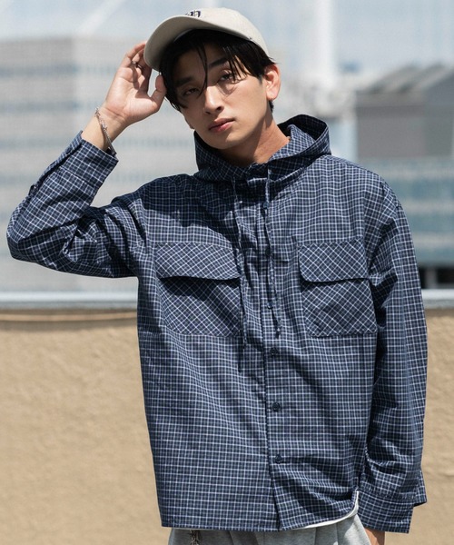 WEGO（ウィゴー）の「WEGO/【26年秋冬新作】ミニチェックフードシャツ（シャツ/ブラウス・メンズ・ブラック/ネイビー・LARGE/MEDIUM）」の8枚目の写真