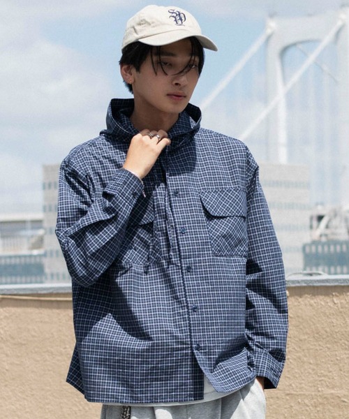WEGO（ウィゴー）の「WEGO/【26年秋冬新作】ミニチェックフードシャツ（シャツ/ブラウス・メンズ・ブラック/ネイビー・LARGE/MEDIUM）」の14枚目の写真