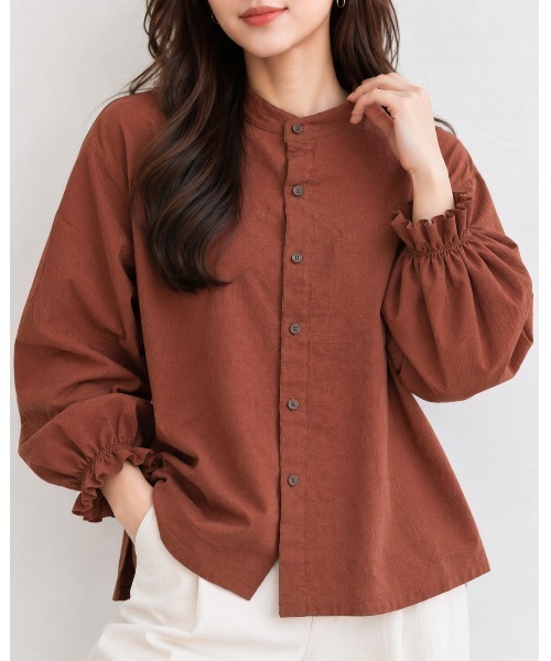 FAZVY(ファズビー)の「秋風に似合う 袖口フリルノーカラーシャツブラウス(シャツ/ブラウス・レディース・オレンジ/ブラウン/ブラック/ホワイト/ピンク・M/L)」の3枚目の写真