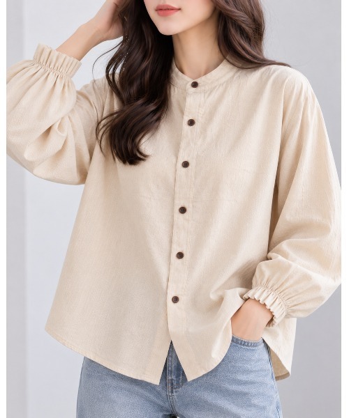 FAZVY(ファズビー)の「秋風に似合う 袖口フリルノーカラーシャツブラウス(シャツ/ブラウス・レディース・オレンジ/ブラウン/ブラック/ホワイト/ピンク・M/L)」の1枚目の写真