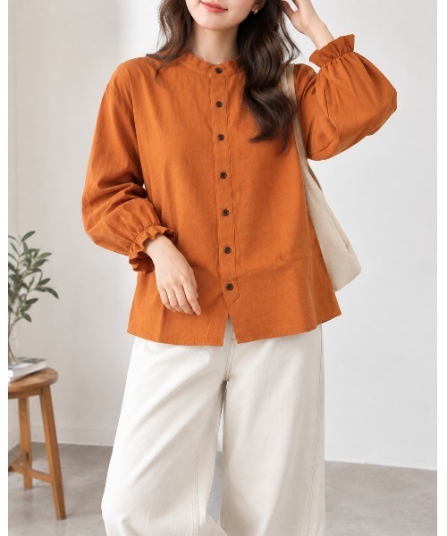 FAZVY(ファズビー)の「秋風に似合う 袖口フリルノーカラーシャツブラウス(シャツ/ブラウス・レディース・オレンジ/ブラウン/ブラック/ホワイト/ピンク・M/L)」の5枚目の写真